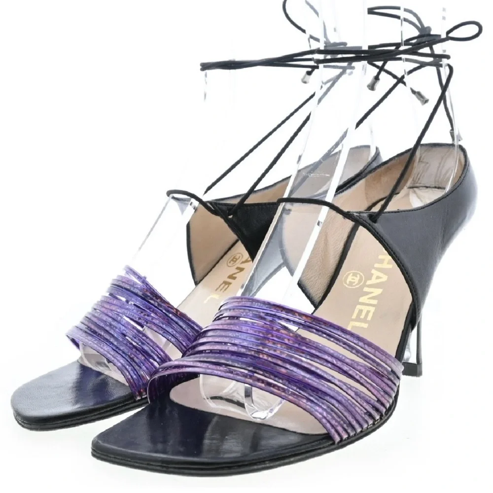 CHANEL Black Purple Tie Stiletto Heels 38 8